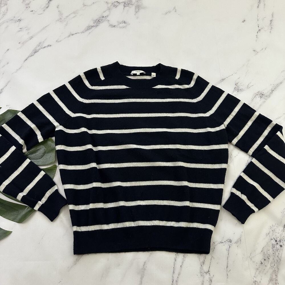 Vince Womens Striped Sweater Size S Navy Blue White Cashmere Wool Blend Pullover